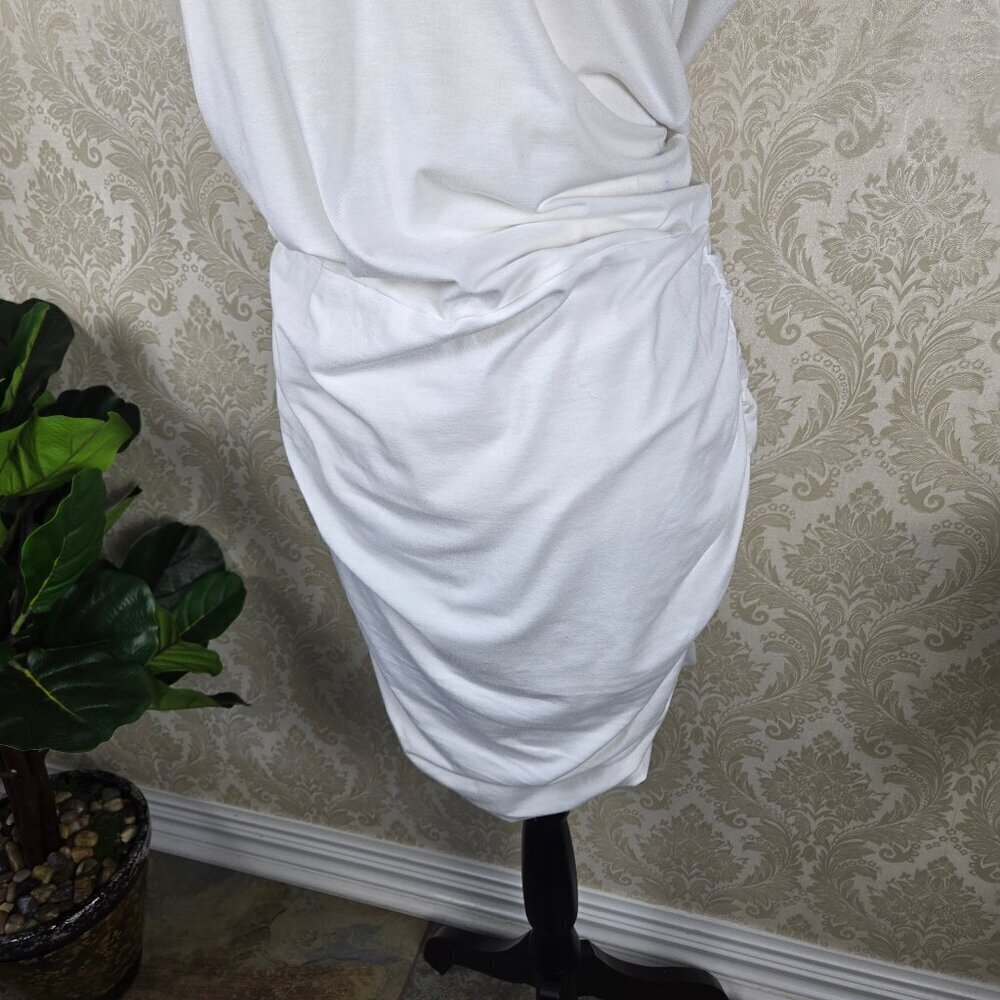 Athleta Size Large White T-Shirt Jersey Knit Dress Ruched Skirt Casual V-Neck - Picture 5 of 16